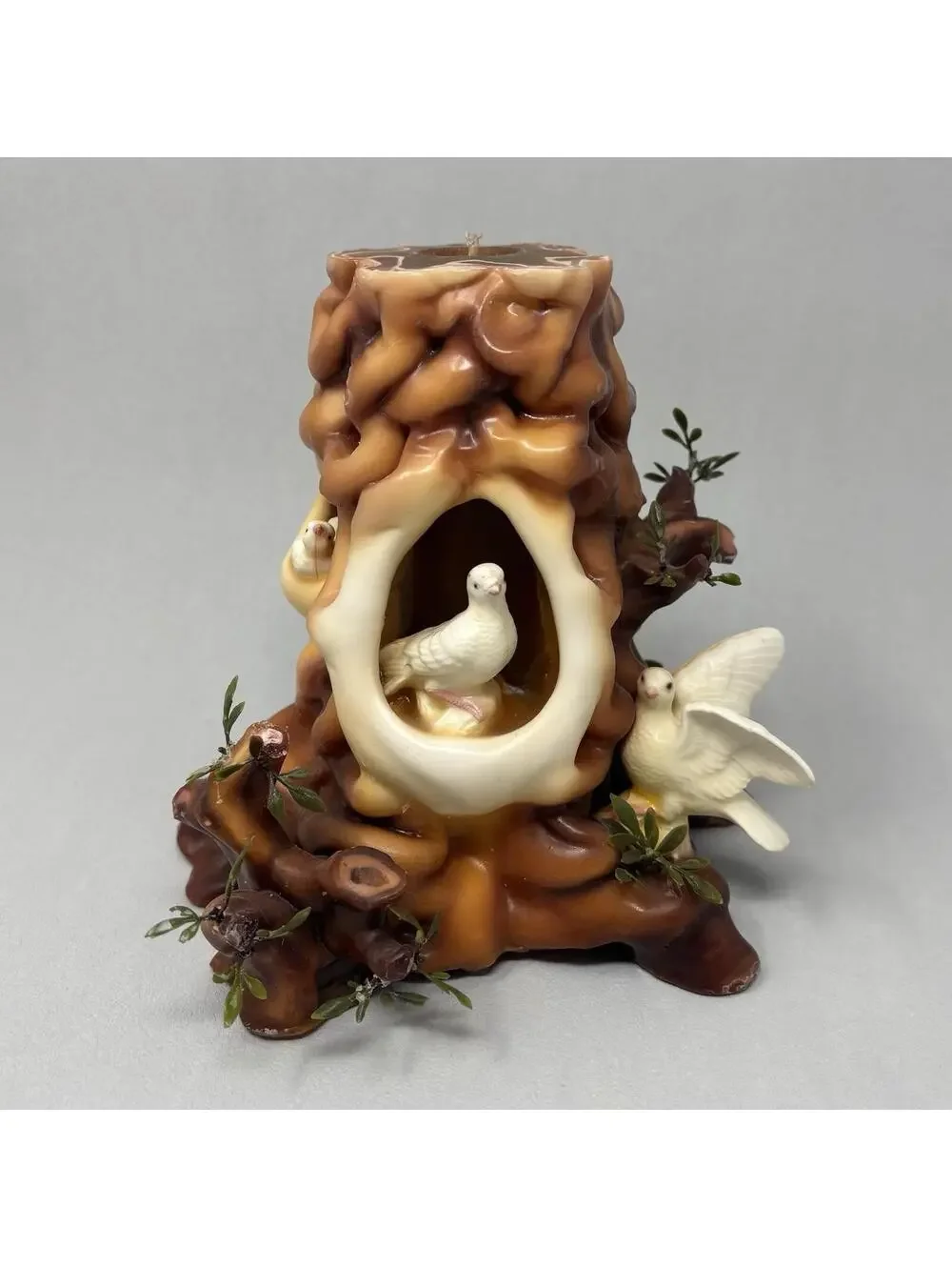 VTG Trunk Stump Candle MCM 70's Molded Wax Tree Middle Earth Woodland Doves 6.5